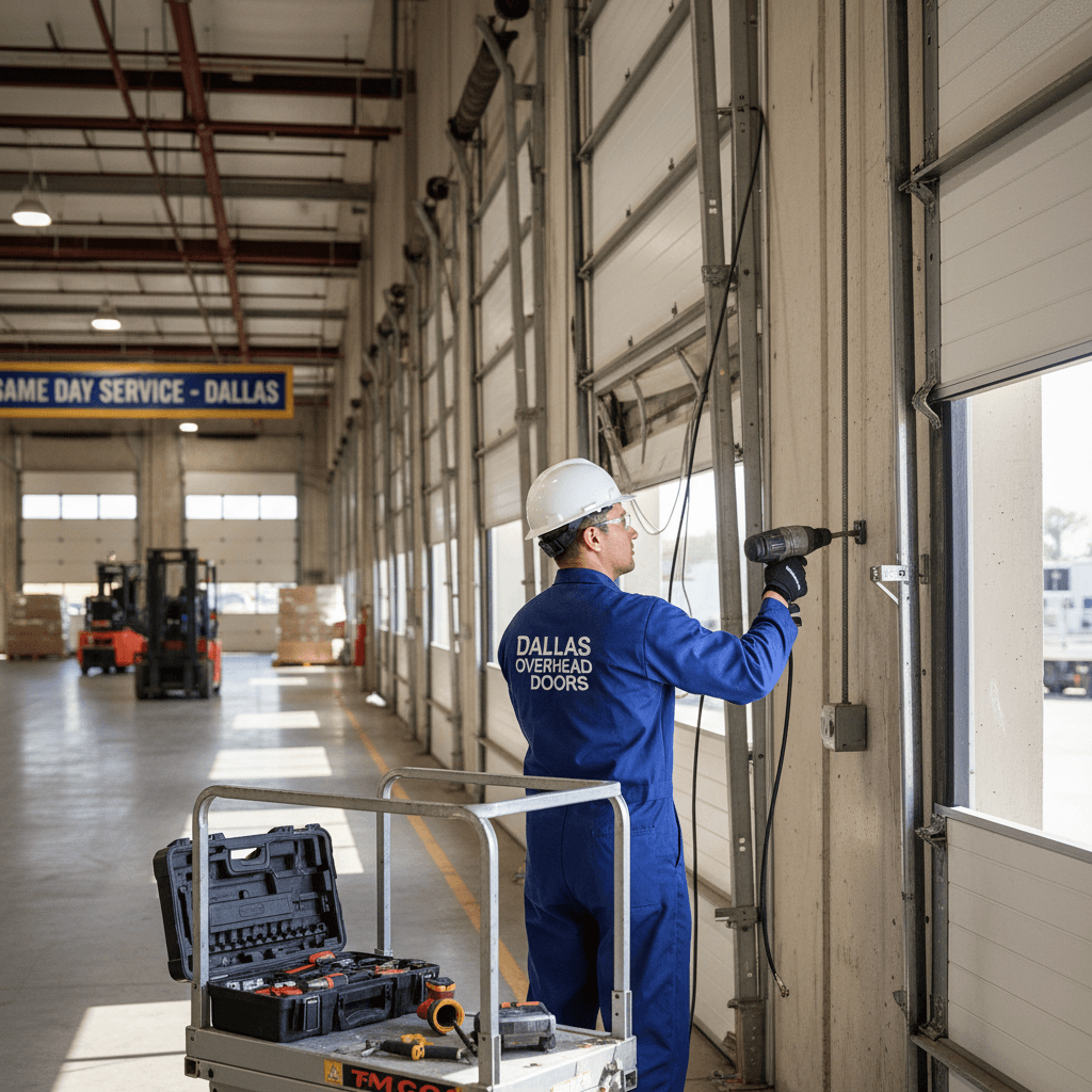 Technician swiftly repairing a commercial roll-up door at a warehouse