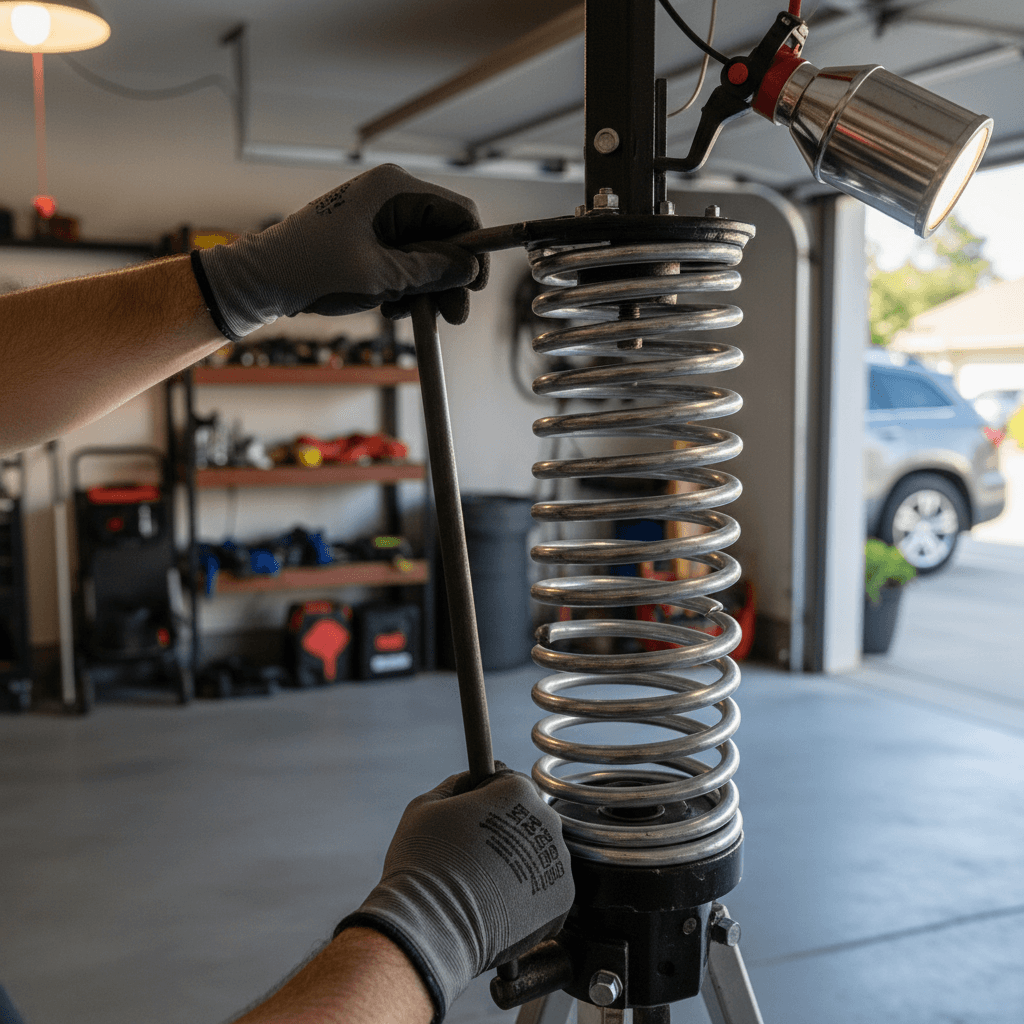 Technician repairing commercial garage door spring mechanism
