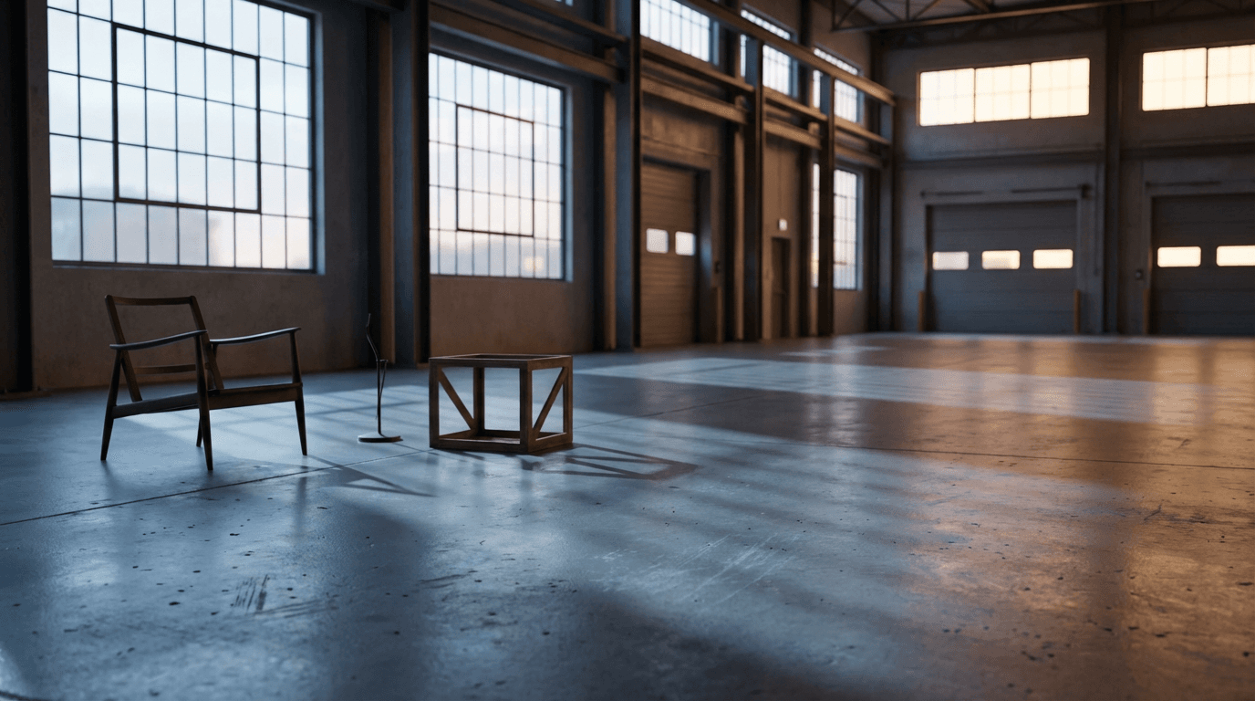 Industrial loading bay with geometric light patterns from windows, concrete floor, furniture silhouettes, moody dusk lighting.